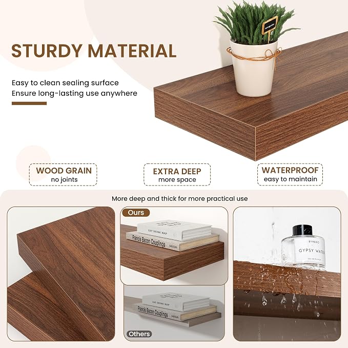 Axeman 48Inch Floating Shelves for Wall, Rustic Wood Shelves for Bedroom, Bathroom, Kitchen, Hanging Wall Mounted Shelf with Invisible Brackets for Books Decor, Set of 1, Walnut