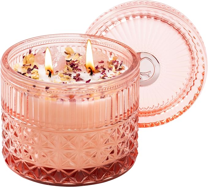 Chloefu Lan Rose Sandalwood Candle, Rose Quartz Crystals Pink Candles Gifts | 2 wick Handmade Giant Candle for Home, Romantic Elegant Candles Infused Healing Stones, Luxury Gifts for Women, 14 Oz