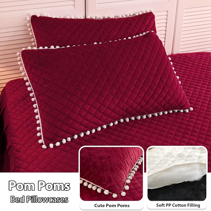 LIFEREVO Luxury Plush Shaggy Duvet Cover Set, Soft Fluffy Furry Duvet Cover Set(1 Fuzzy Faux Fur Comforter Cover+1 Pompoms Pillow Case) Christmas Bedding Set, Zipper Closure(Twin/Twin XL, Burgundy)