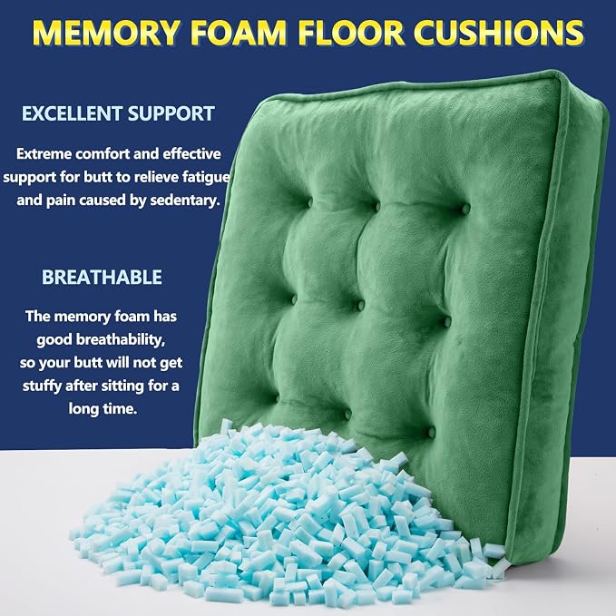 1 MIDDLE ONE Floor Pillow Set of 2, Memory Foam Meditation Cushion, Floor Cushions for Adults Sitting, Large Square Seat Cushions for Yoga, Living Room, 22x22 Inch (Green)