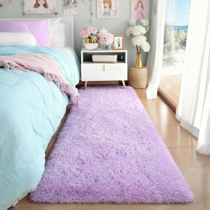 PAGISOFE Fluffy Purple Rug 2' x 6' Shaggy Runner Rugs for Bedroom Living Room, Furry Rugs for Bedroom Princess, Bedside Rug Nursery Christmas Decor Shag Carpet for Kids Teen's Room Decor Aesthetic