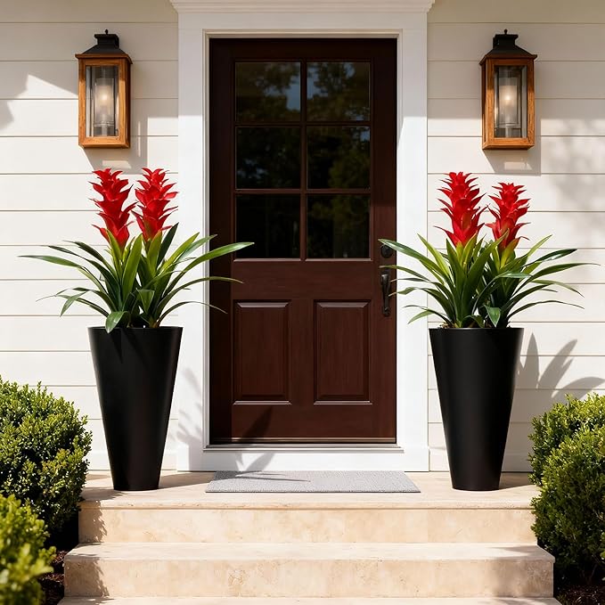 Ivydale Fake Flowers Plants for Outdoors, 2 Pcs 16.93" Bromeliad Artificial Flowers Uv Resistant Realistic Faux Flowers for Outdoor Planters Outside Porch Patio Yard Garden Indoor Decoration(White)