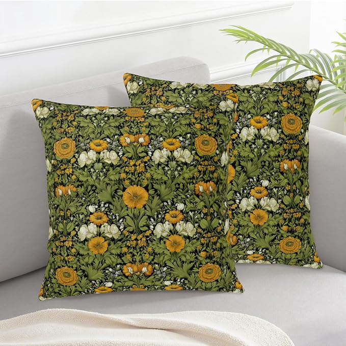 Dark Green Plant Floral Pillow Covers 24x24 Sage Green Botanical Throw Pillow Covers Fern Leaf White Orange Flowers Pillowcase Vintage Wildflower Cushion Case for Couch Sofa 2 Pack