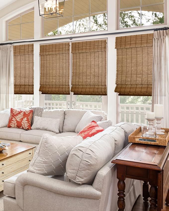 CHICOLOGY Bamboo Roman Shade, Cordless Light Filtering Woven Wood Window Treatment for Living Room, Dining Room, Kitchen & Office, Natural Bamboo Blinds for Boho Coastal Decor, Elk, 23"W x 64"H
