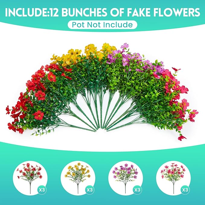 Hrobek Fake Flowers for Outdoors Faux Plants Outside Indoor,UV Resistant Realistic Silk Artificial Daisy for Home Patio Garden Back Yard Front Porch Decor Spring Summer(12 Bunches,4 Multi Colors)