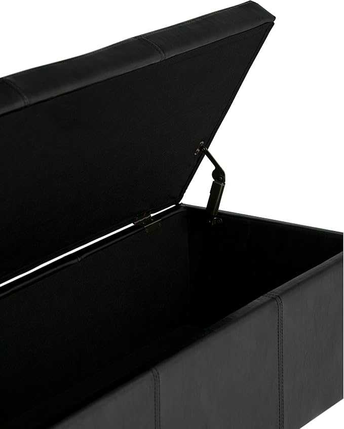 SIMPLIHOME Avalon Storage Ottoman Bench - 48" Wide x 16" High Upholstered Vegan Leather Rectangular Lift-Top Ottoman in Midnight Black, Contemporary Bench for Living Room with High-Density Foam