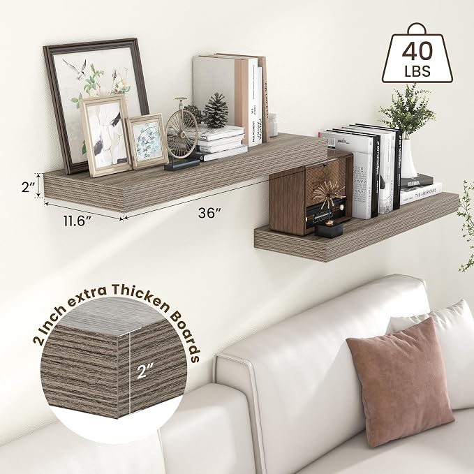 FLYJOE Deep Floating Shelves, 36 Inch Grey Shelves Set of 2 | 12 Inch Deep Shelves for Wall, 36'' x 12'' Rustic Grey Wood Shelves for Bathroom Living Room Laundry Room Kitchen
