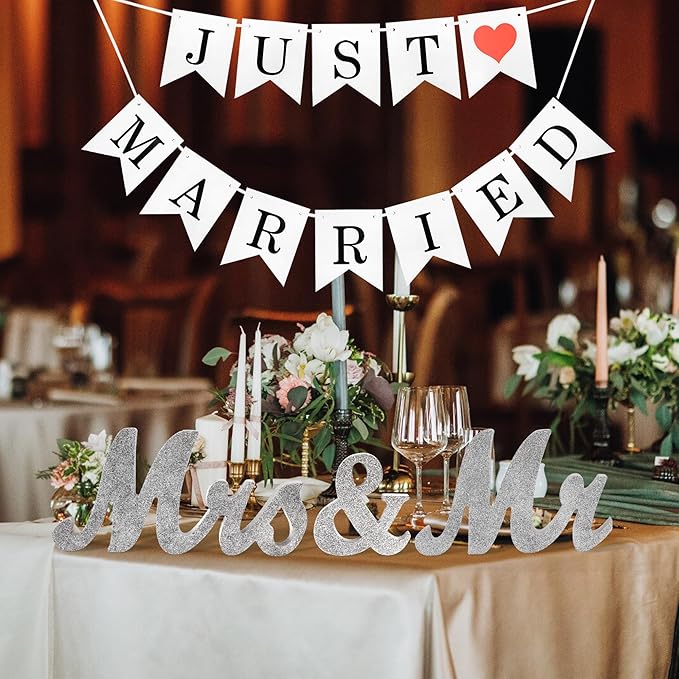 Mr Mrs Sign for Wedding Table, Mr and Mrs Wooden Letters, Mister & Miss Wedding Decoration Items, Head Table Wood Letter, Anniversary Party Valentine's Day Vintage Decor (Silver W/banner)