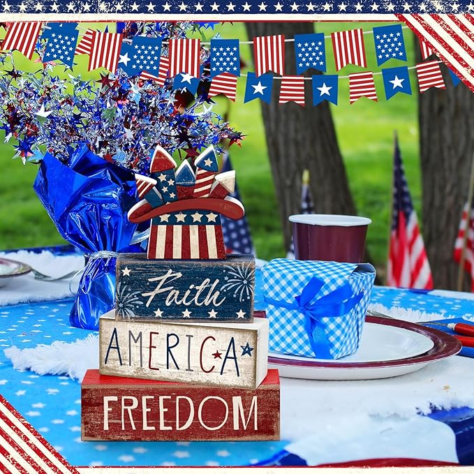 CroBlissful 4 Pcs 4th of July Decorations Patriotic Memorial Day Tabletop Decorations Red White Blue Table Centerpieces Sign for Office Tiered Tray Home Shelf 250th Anniversary(Independence Day Hat)