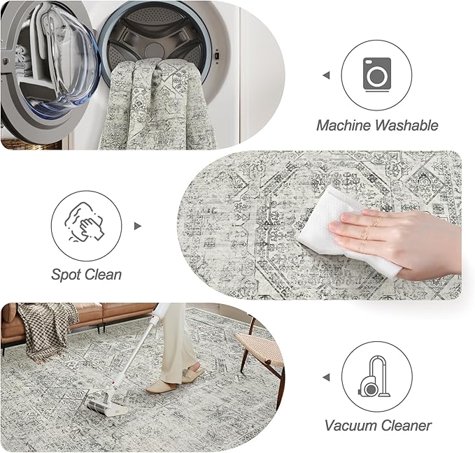 Soalmost Washable Area Rug 8x10, Gray Soft Rug for Living Room Vintage 8x10 Area Rugs for Bedroom Dining Room Floral Non-Slip Thin Grey Rug