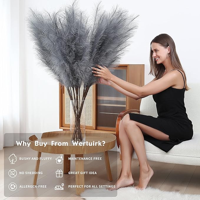 Wertuirk 8 Pcs 45 inch Tall Faux Pampas Grass Decor, Large Artificial Grey Pompous Grass Bulk, Long Fake Pompas for Floor Vase Filler, Wedding, Baby Shower, Home and Boho Decor (Grey)