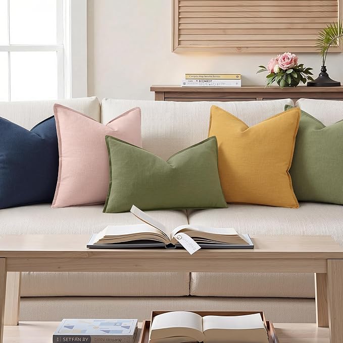 decorUhome Summer Decorative Linen Throw Pillow Covers 12x20 Inch Set of 2 Olive Green Lumbar Pillow Covers with Flange Edges Soft Farmhouse Boho Accent Pillow Cases for Couch Bed Living Room