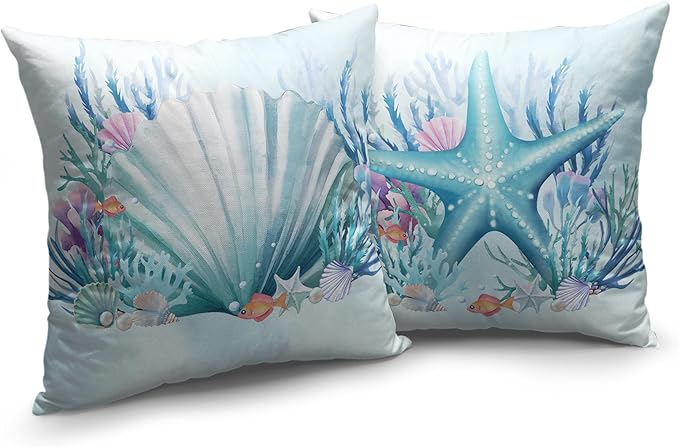 Ocean Themed Coastal Pillow Covers Seashells Starfish Throw Pillow Covers 16x16 Set of 2 Blue Seaweed Coral Pillowcase Double Sided Printing Cushion Case for Patio Outdoor Sofa