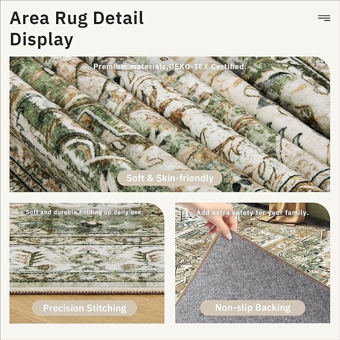 Soalmost 9x12 Area Rugs for Living Room, Non Slip Machine Washable Vintage Rugs, Low Pile Lightweight Large Rug for Bedroom, Dining Room, Home Office Olive