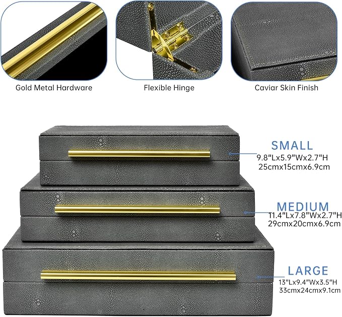 DECOR4SEASON Faux Shagreen Decorative Storage Boxes – Set of 3 Stackable Jewelry Organizers with Gold Metal Handles & Velvet Lining, Modern Grey Box for Vanity, Entryway & Coffee Table Décor