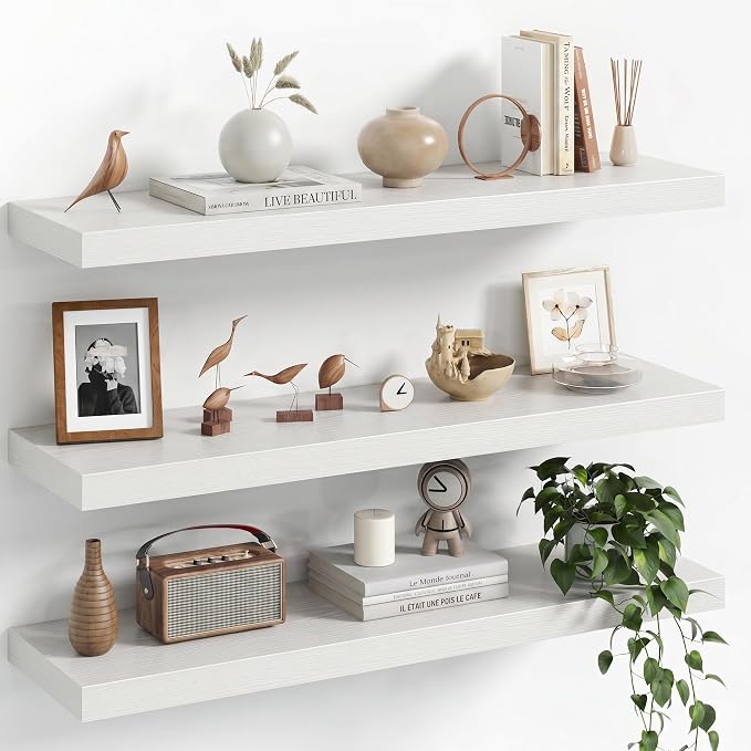 Fun Memories 30Inch Floating Shelves for Wall, 8 Inch Deep Shelves for Bathroom|Bedroom|Kitchen Wall Mounted, Wood Hanging Shelf with Invisible Brackets for Home Storage Decor, White - 3 Pack