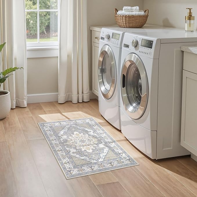 Tortania Area Rug 2x3 Doormat - Washable Vintage Oriental Farmhouse Soft Thin Indoor Carpet for Living Room Bedroom Hallway Entryway Kitchen - Blue Beige