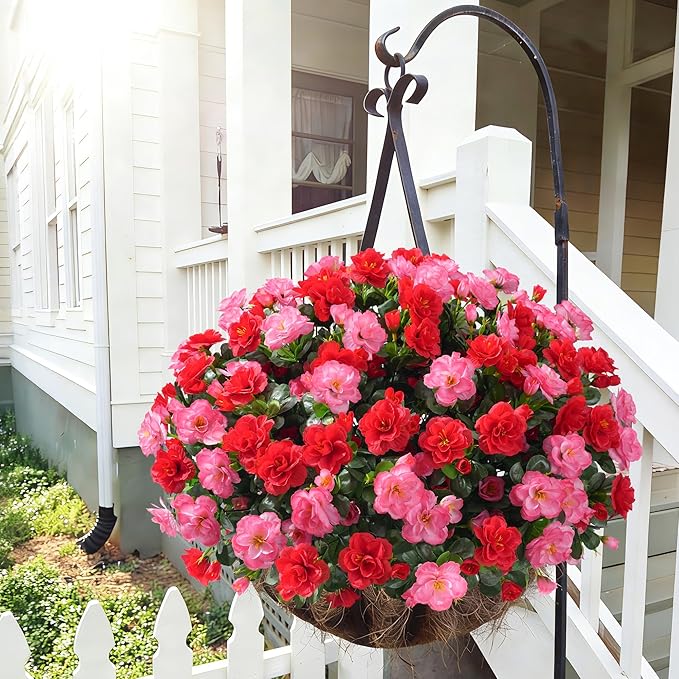 Artificial Faux Outdoor Flowers Plants for Spring Summer Decoration, Fake Silk Camellia UV Resistant Look Real for Planter Outside Front Door Porch Patio Balcony, 3 Large Bundles (Melon Red+Red)