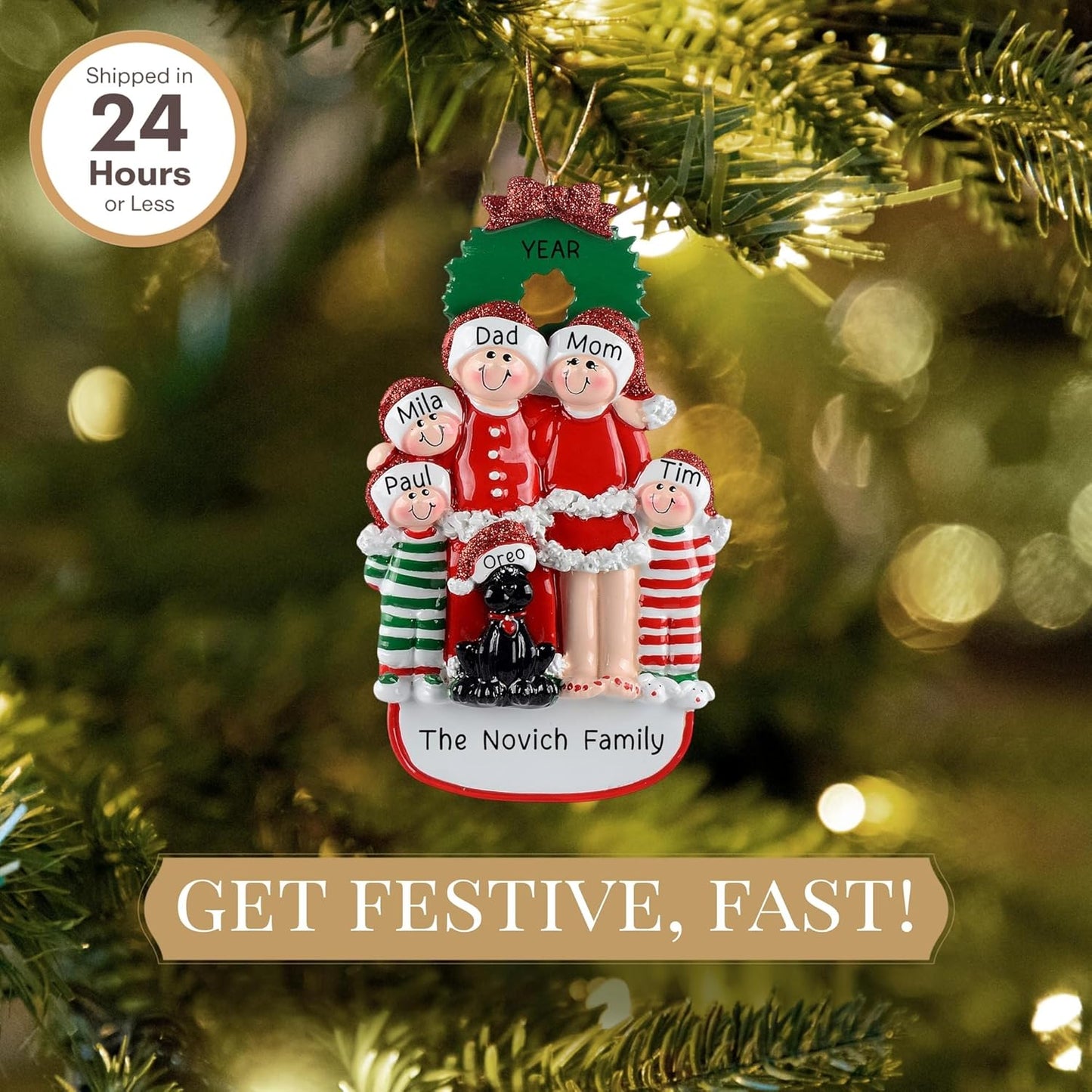 Personalized Family of 5 with Dog Ornament 2025 | Free 24h Customization | Christmas Ornaments for Tree | Custom Gift Wrapped Black Pet Keepsake for Dog-Lovers