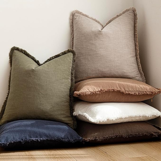 Foindtower Set of 2 Decorative Linen Fringe Throw Pillow Covers Farmhouse Cushion Cover with Tassels Soft Accent Pillowcase for Couch Chair Sofa Bed Living Room Home Decor,16×16 Inch,Natural Linen