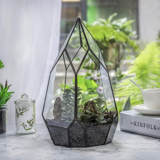 NCYP No Door Glass Geometric Terrarium Planter for Succulent Plants, Fern, Balcony Display Pot - Black Miniature Botanical Garden, Large (Terrarium Only) 12.2" Height, 7.1" Width