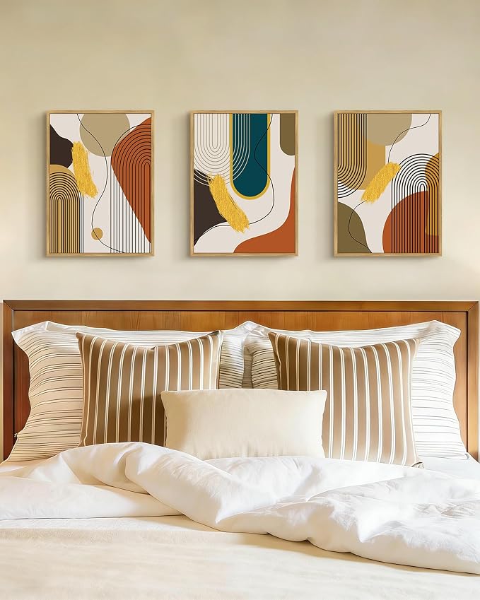 PHOPAGO Boho Abstract Framed Wall Art Mid-Century Modern Bohemain Minimalist Luxury Gold Line Artwork Kitchen Dining Room Decor - 11x14in Natural Framed