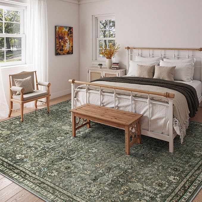 Lahome Large 10x14 Area Rugs for Living Room,Olive Green Washable Moody Rug | Soft Rubber Backed Non-Slip Floor Carpet for Bedroom Dining Room Office