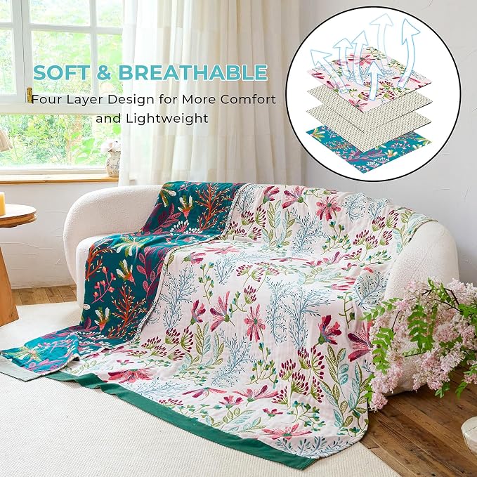 100% Cotton Boho Throw Blanket 90"x98" Oversized Reversible Botanical Summer Quilt for Queen Bed Sofa Couch 4-Layer Breathable Gauze Floral Muslin Blanket for Home Decor Gift White/Teal
