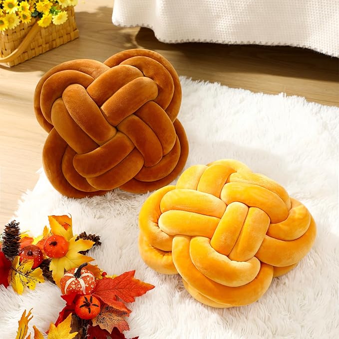 Beeveer 2 Pcs Knot Pillow Balls Set, 12 Inch Soft Decorative Throw Knot Pillow Ball, Large Square Knotted Floor Cushion for Living Room Bedroom Sofa Couch Bed Home Decoration (Caramel Brown, Turmeric)