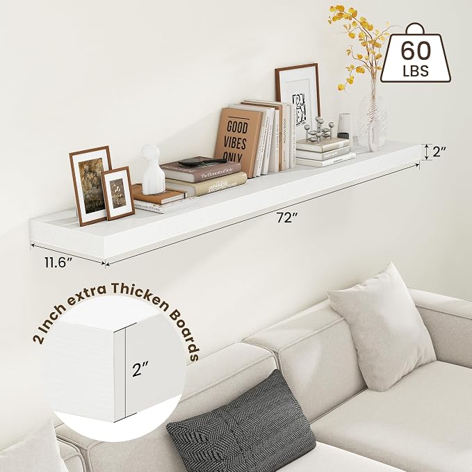 FLYJOE Deep Floating Shelves, 72 Inch White Shelves Set of 1 | 12 Inch Deep Shelves for Wall, 72'' x 12'' Rustic White Wood Shelves for Bathroom Living Room Laundry Room Kitchen