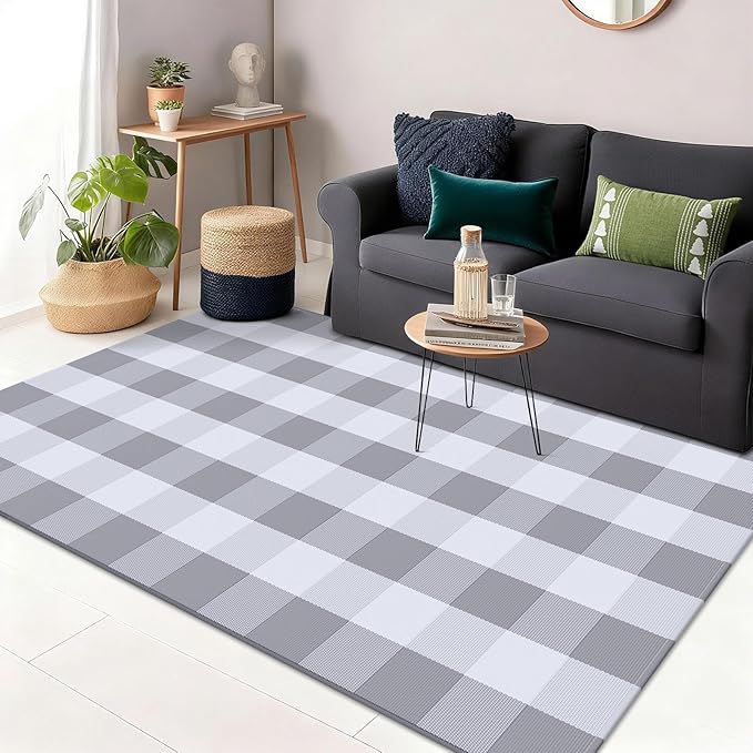 OLANLY Buffalo Plaid Rug 3' x 5' – Grey and White Cotton Checkered Doormat, Washable Indoor Outdoor Rug for Layered Front Porch, Kitchen, Entryway Decor