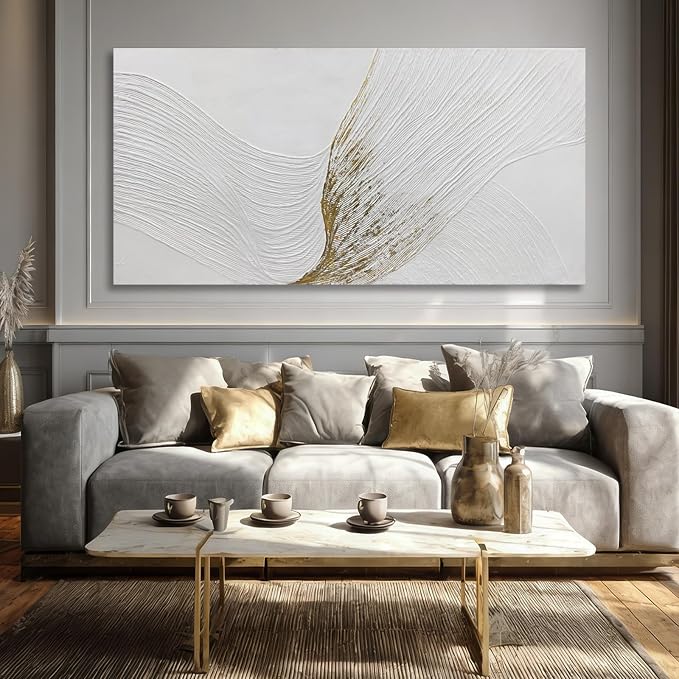 Hue7Art Contemporary White and Gold Abstract Canvas Wall Art Textured Line Design Minimalist Hand Painting Artwork for Living Room Bedroom Office Neutral Decor 29x58 Inch