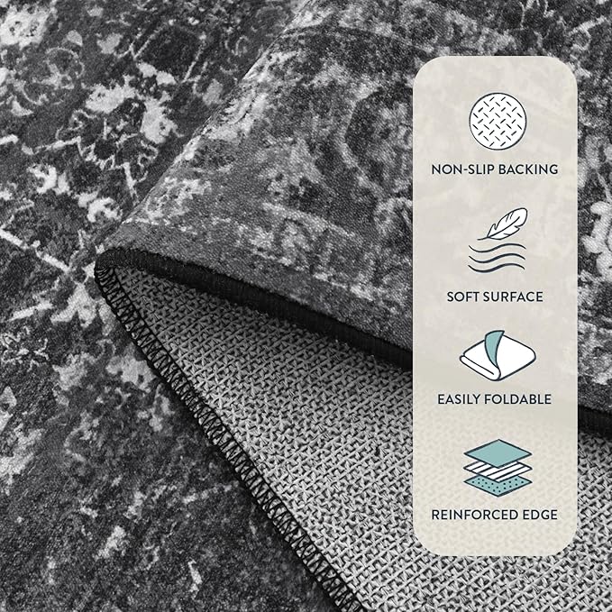 Lahome Margot Black Washable Runners for Hallways, Boho 2'6"x10' Kitchen Runner Rugs Non Skid Indoor Bathroom Runner Rug, Distressed Carpet Runners for Bedroom Entryway (2'6"x10', Black/Grey)