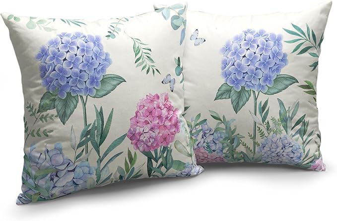 Blue Hydrangea Pillow Covers 18x18 Set of 2 Spring Summer Floral Throw Pillows Cover Flowers and Butterflies Cotton Linen Pillowcase for Couch Sofa Living Room Patio