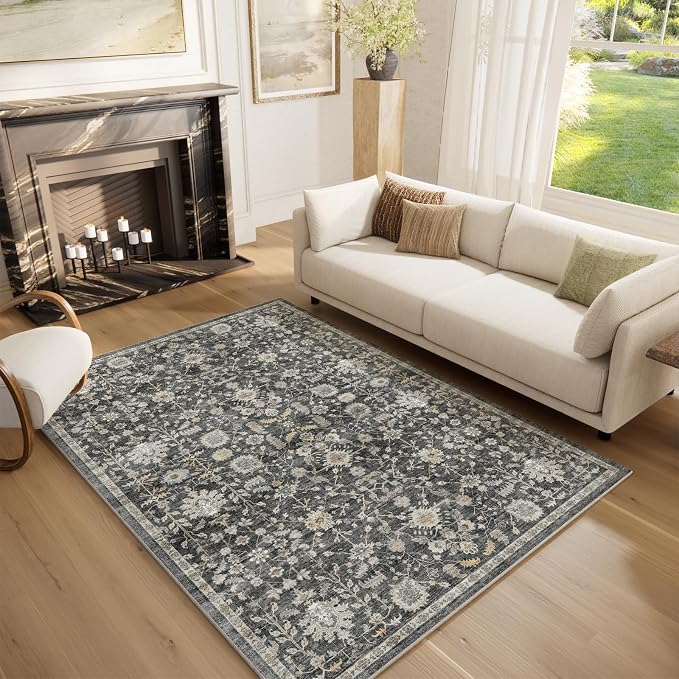 Washable Rugs for Living Room: 5x7 Area Rugs for Bedroom Ultra Soft Non-Slip Stain Resistant Vintage Boho Large Carpet for High-Traffic Dining Room - Farmhouse Decor