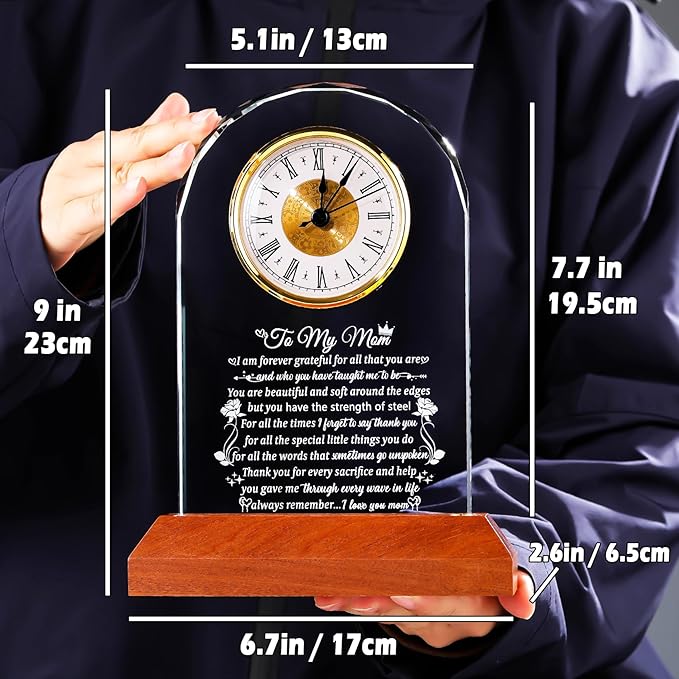 Arikyrist Glass Clock Gifts for Mom from Daughter Son with Wooden Light Base, Personalized Gift for Mom Who Has Everything on Birthday Mother's Day, Present for Mother on Christmas Home Desk Clock