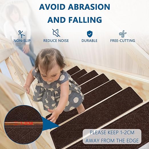 Stair Treads for Wooden Steps, 15 Pack 9" X 30" Non Slip Carpet Stair Treads Indoor with Reusable Adhesive for Kids Elders and Dogs, Surface Polyester TPR Backing Stair Runner Rugs, Brown