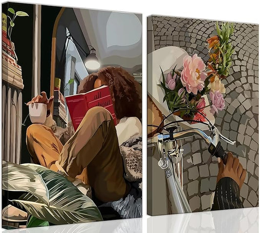 Modern African American Women Wall Art Set of 2,Cozy Reading & Bike Ride with Flowers Painting Canvas Prints,black woman Vintage Aesthetic Poster for Living Room, Bedroom, Office， Framed 12X16in