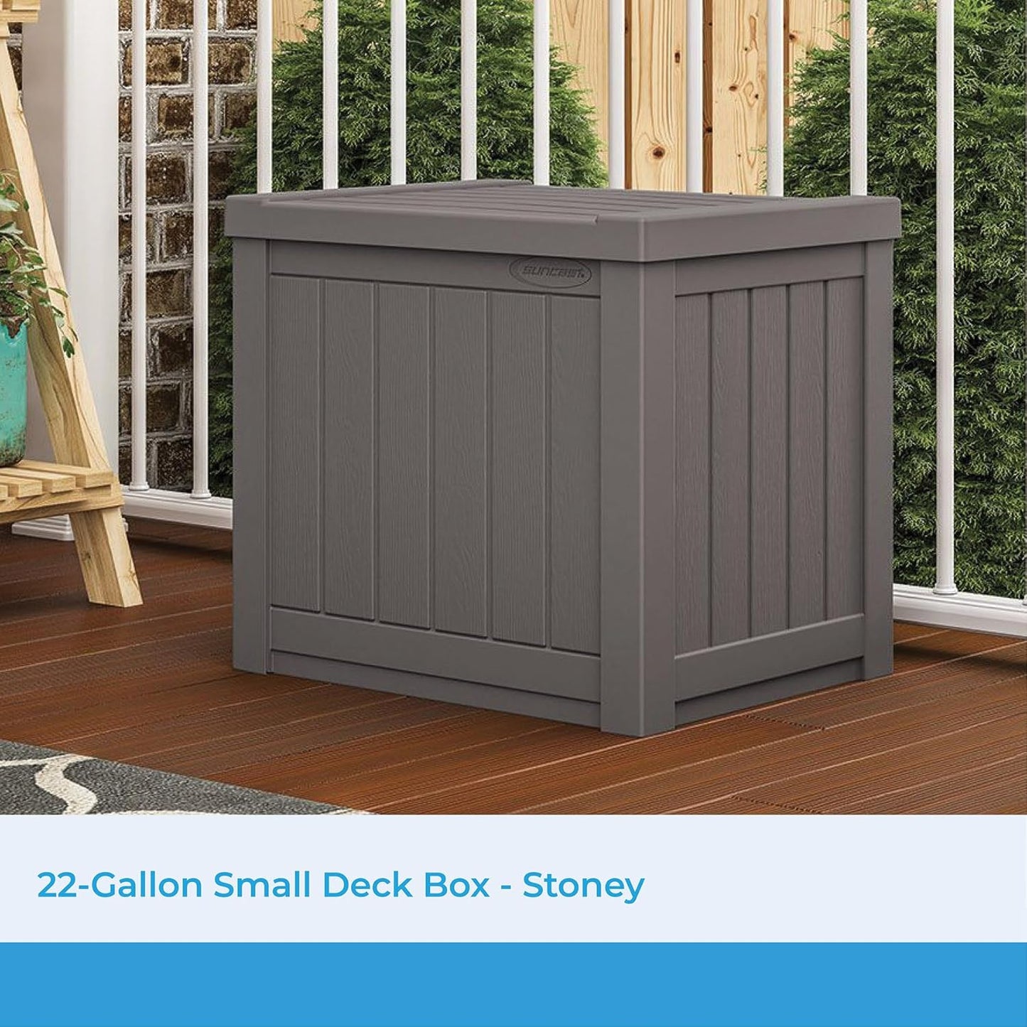 Suncast 22-Gallon Small Deck Box - Lightweight Resin Indoor/Outdoor Storage Container and Seat for Patio Cushions and Gardening Tools - Store Items on Patio, Garage, Yard - Stone Gray, Made in the USA