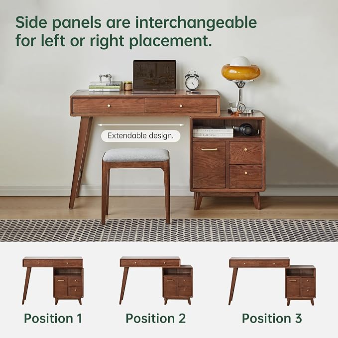 Extendable Vanity Desk with Dresser, 40 to 57 Inch Oak Makeup Table, Storage Writing Desk for Bedroom, Vanity Set for Girls and Women, No Chair
