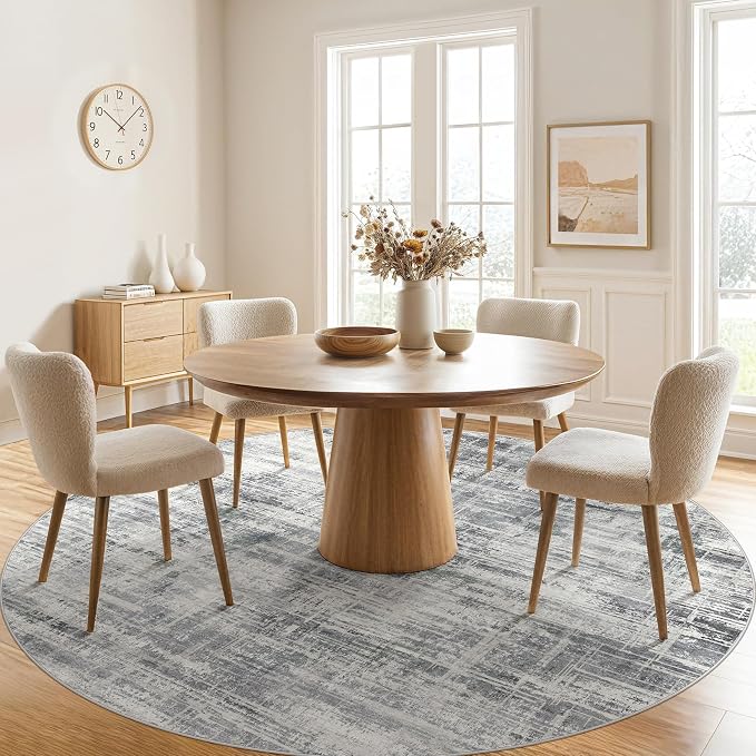 UERMEI 8ft Round Area Rug for Living Room: 8x8 Washable Neutral Abstract Modern Soft Circle Rugs Non Slip Indoor Floor Stain Resistant Carpet for Bedroom Dining Room Office Nursery Gray