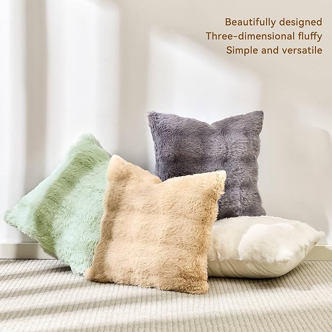 AmHoo Pack of 2 Throw Pillow Covers 3D Dense Faux Rabbit Fur Cozy Super Soft Fuzzy Set Case Cushion for Couch Sofa Bedroom 20 x 20-Inch Grey