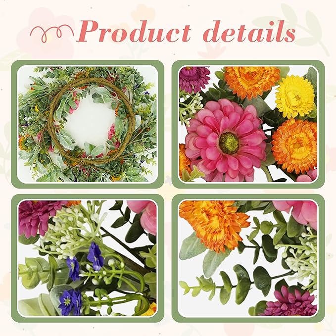 YNYLCHMX 18 inch Spring/Summer Front Door Ring Wreath, Simulated Colorful Daisy Petals, Suitable for Wall Window Farm Parties, Festivals, Home Decoration