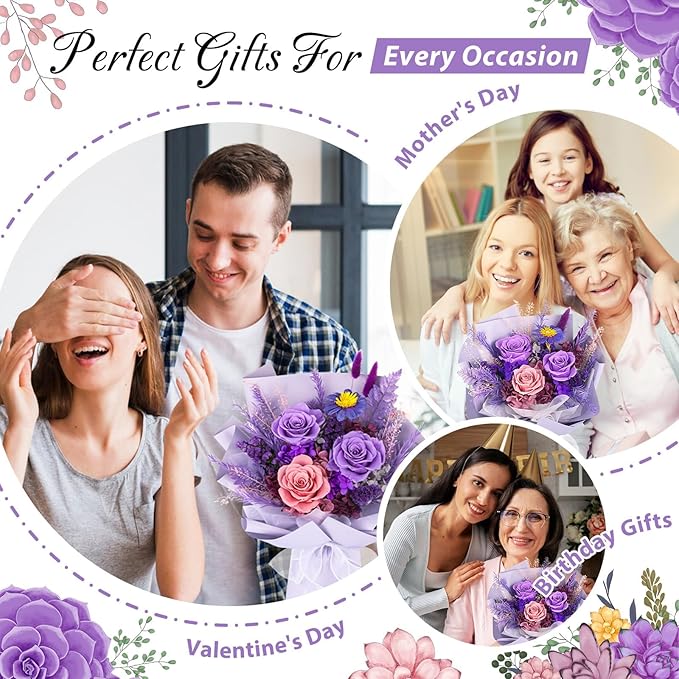 Flowers for Delivery Prime, Mothers Day Gifts for Mom, Preserved Flower Bouquet, Purple Roses Birthday Gifts for Women Her Wife Girlfriend Grandma, Real Forever Flower for Valentines Day Anniversary