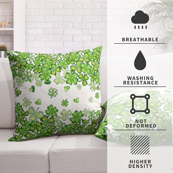 St Patricks Day Throw Pillow Covers Lucky Heart Shamrock Pillow Covers 2 Pack 16x16 Spring March Holiday Square Pillowcases St.Patrick's Day Decorations for Couch Sofa Home