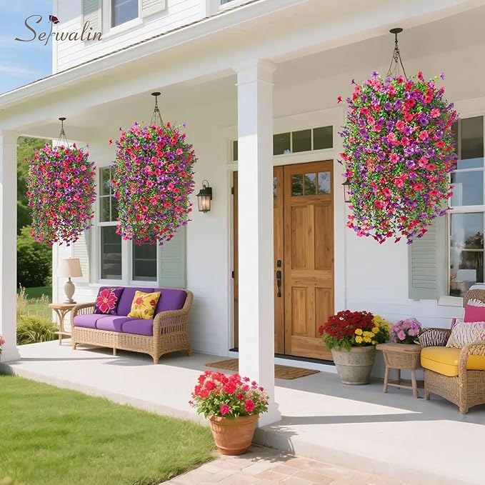 Serwalin 4PCS Artificial Hanging Flowers for Outdoors Summer Decoration, UV Resistant Fake Hanging Realistic Plants for Patio, Garden, Porch, Window, Outside (Purple&Rose Red,4PCS)
