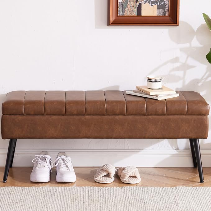 Storage Ottoman Bench Bed, 43.5" Faux Leather Upholstered Entryway Bench, Long Ottoman with Storage for Living Room, Support 660lbs - Retro Brown