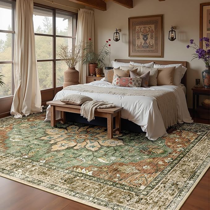 RELEANY Area Rugs 8'x10' Washable Non-Slip, Floral Vintage Distress Print Pattern Medallion Carpet for Living Room Bedroom Dining Room, Brick Red Rust Neutral Brown Burnt Orange Green