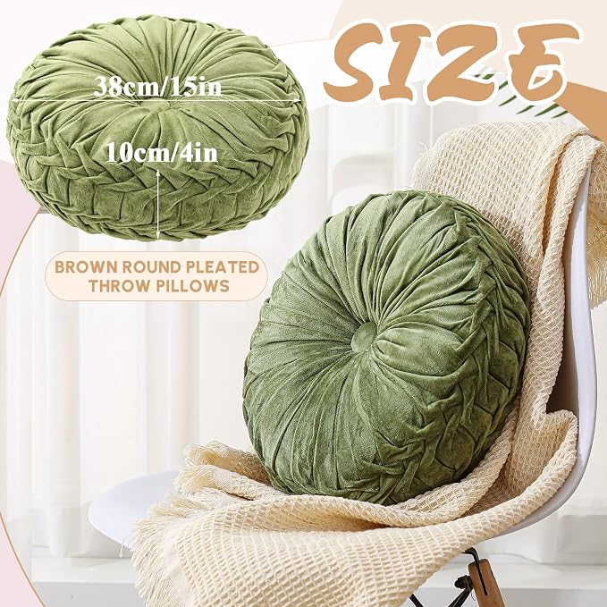Drydiet 2 Pcs Round Throw Velvet Pillows Decorative Pleated Throw Pillows Diameter Accent Pumpkin Boho Chair Cushion for Couch Sofa Home Decoration (Olive Green,15'')