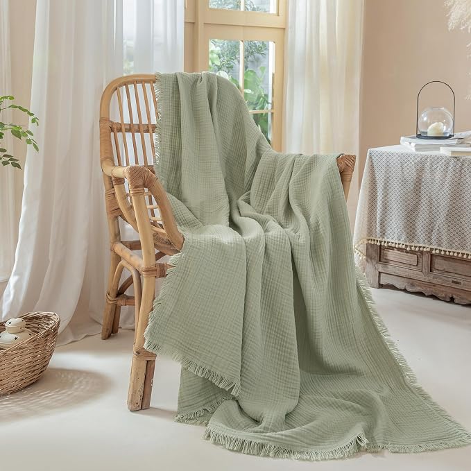 Muslin Fringe Blankets for Adults: 100% Cotton Cloud Soft | 4-Layer Gauze Breathable Lightweight All Season Throw Blanket for Bed Couch Sofa Office